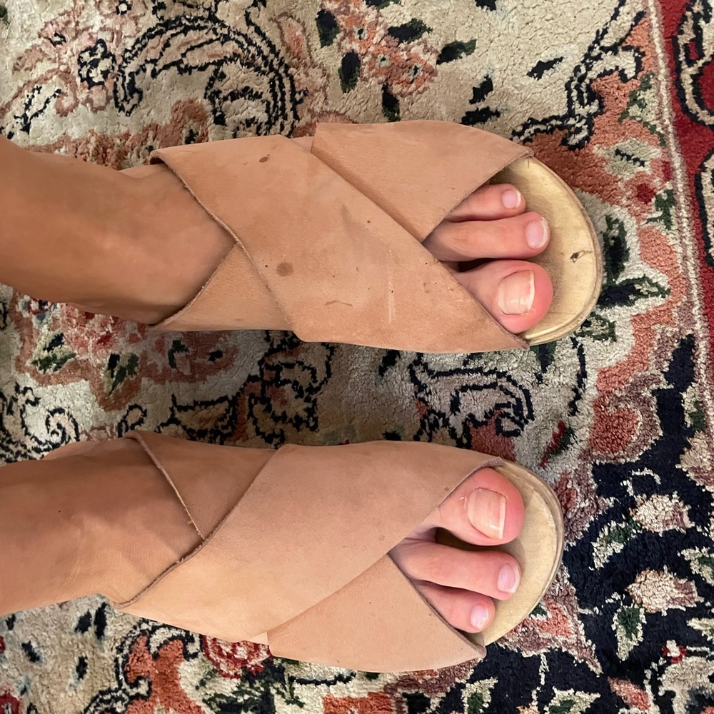 No. 6 Beige/Pink Suede Cross-Strap Sandals, Sz 40